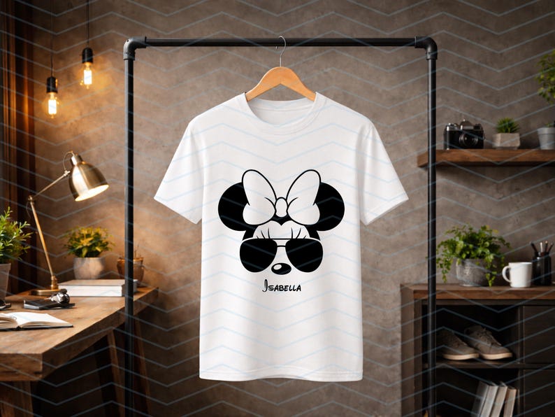 May include: White t-shirt featuring a black and white Minnie Mouse design. The design includes sunglasses, a bow, and the name "Isabella" in a script font. The shirt is hanging on a wooden hanger.