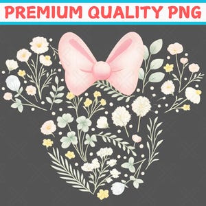 May include: A floral design in the shape of a mouse head with a pink bow. The design is composed of white, yellow, and light pink flowers, and green leaves. The text "PREMIUM QUALITY PNG" is at the top.