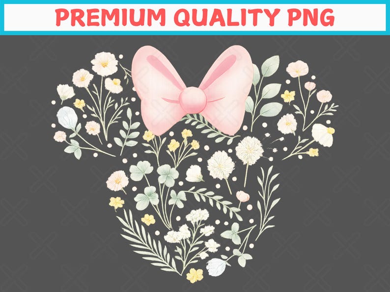 May include: A floral design in the shape of a mouse head with a pink bow. The design is composed of white, yellow, and light pink flowers, and green leaves. The text "PREMIUM QUALITY PNG" is at the top.