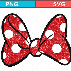 Peut inclure: Un nœud rouge à paillettes avec des pois blancs et un contour noir épais. Le motif présente deux grandes boucles et un nœud central, présenté comme un graphique numérique avec les étiquettes PNG et SVG visibles en haut de l'image.
