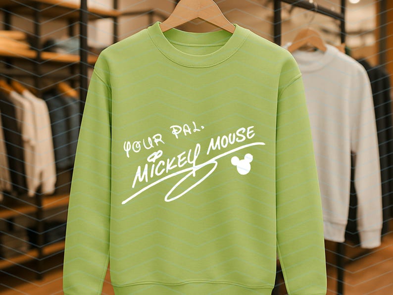 May include: A lime green crewneck sweatshirt featuring the white printed text Your Pal Mickey Mouse and a small Mickey Mouse head silhouette icon. The garment has long sleeves, a ribbed neckline, and ribbed cuffs, displayed on a wooden hanger.
