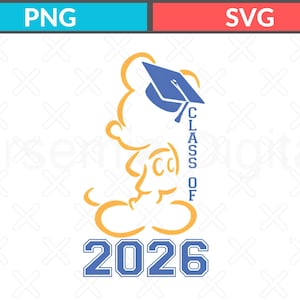 May include: A graduation-themed graphic featuring a stylized Mickey Mouse silhouette in yellow, wearing a blue graduation cap. The text reads "CLASS OF" and "2026" in blue, suitable for graduation celebrations.