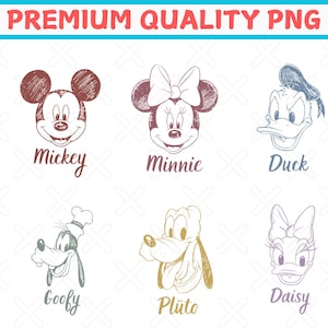 May include: A digital graphic set featuring six Disney character head sketches in a sketch-style line art. Characters include Mickey, Minnie, Donald Duck, Goofy, Pluto, and Daisy Duck, each with their name written in a cursive script below them.