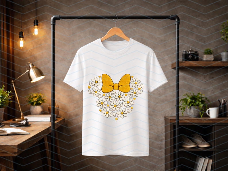 Puede incluir: Camiseta blanca con un lazo amarillo y un dise&ntilde;o en forma de coraz&oacute;n hecho de margaritas blancas con centros amarillos. La camiseta est&aacute; colgada en una percha negra.
