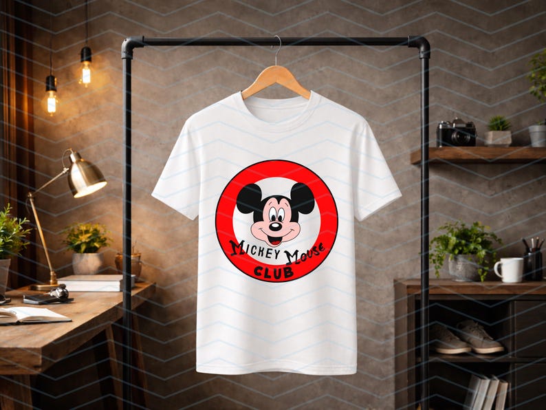 May include: A white short-sleeved t-shirt featuring a circular graphic on the chest. The graphic displays the face of Mickey Mouse inside a red ring with the black text Mickey Mouse Club printed in a stylized font along the bottom edge.