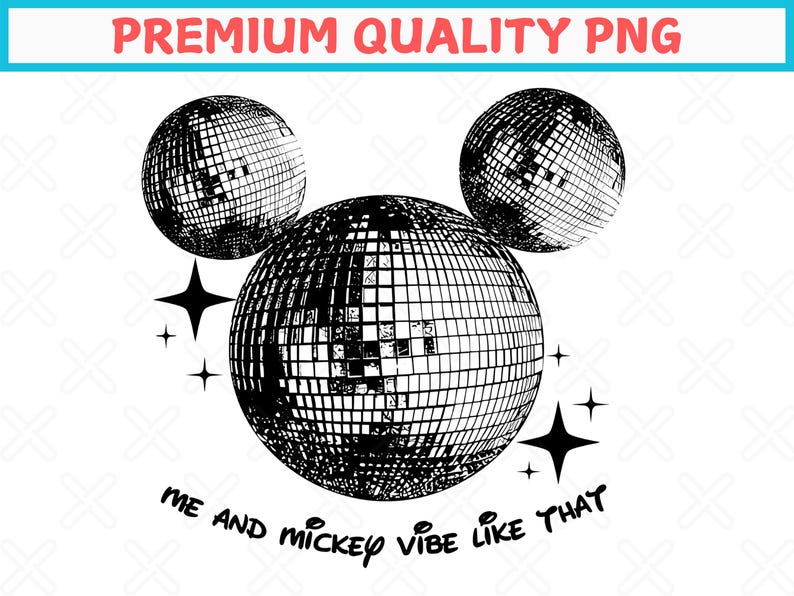 Puede incluir: Ilustraci&oacute;n en blanco y negro de la cabeza de Mickey Mouse hecha de bolas de discoteca. El texto "Me and Mickey vibe like that" est&aacute; debajo de la imagen.