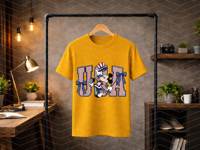 May include: A mustard yellow short-sleeve t-shirt featuring a graphic print of Mickey Mouse wearing a patriotic top hat. The character is positioned in front of large, block-style letters spelling USA, which are decorated with red and white stripes.