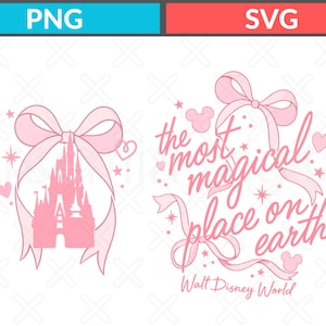 May include: Pink graphic featuring a castle silhouette, bows, hearts, and stars. Text reads "the most magical place on earth" and "Walt Disney World". The design is in a PNG and SVG format.