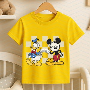 May include: Yellow short-sleeved t-shirt featuring a graphic of Donald Duck and Mickey Mouse bumping fists. The cartoon characters are set against a checkered background. The shirt is hanging on a wooden hanger.
