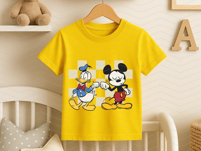 May include: Yellow short-sleeved t-shirt featuring a graphic of Donald Duck and Mickey Mouse bumping fists. The cartoon characters are set against a checkered background. The shirt is hanging on a wooden hanger.