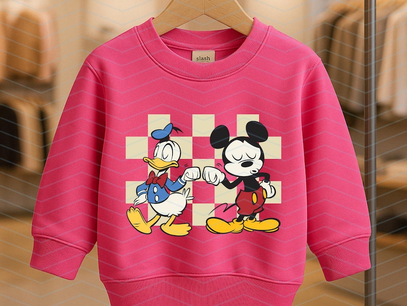 May include: A bright pink sweatshirt featuring a graphic of Donald Duck and Mickey Mouse bumping fists. The cartoon characters are set against a checkered background. The sweatshirt has long sleeves and a crew neck.