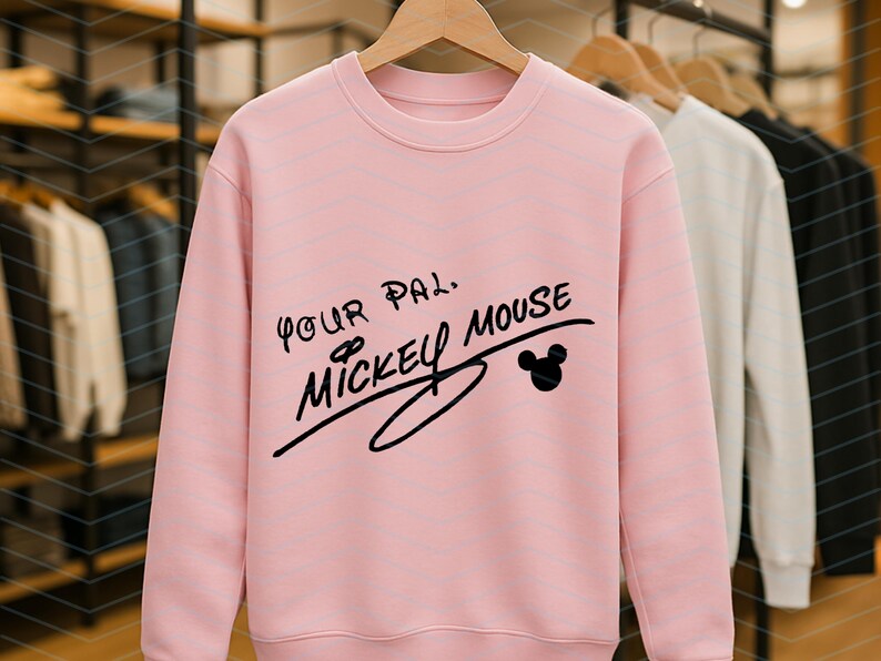 May include: A light pink long-sleeve crewneck sweatshirt featuring black text that reads Your Pal, Mickey Mouse, with a small black silhouette of Mickey Mouse ears positioned to the right of the signature-style lettering on the front.