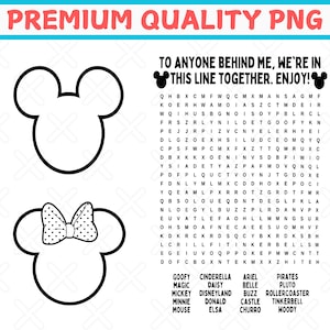 Peut inclure: Dessin noir et blanc de têtes de Mickey et Minnie Mouse. La tête de Minnie Mouse comprend un nœud à pois. Le texte en haut indique "PREMIUM QUALITY PNG". En dessous, un jeu de mots avec des mots sur le thème de Disney.