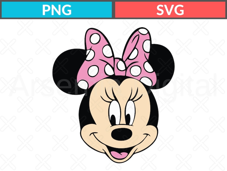 May include: A cartoon illustration of Minnie Mouse's face. She has black ears, a light tan face, and a pink bow with white polka dots. The image also includes the text "PNG" and "SVG" in blue and red boxes.