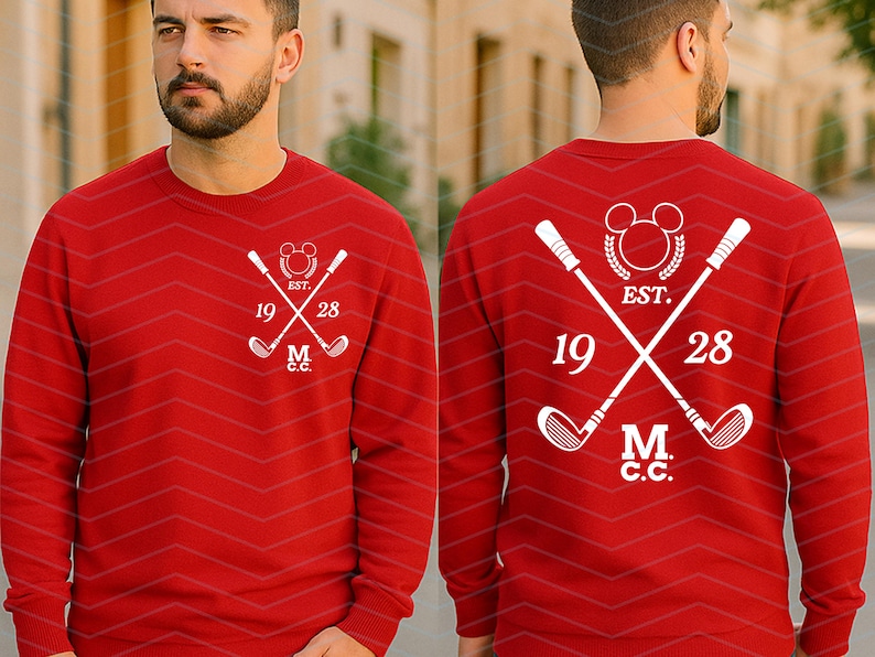 May include: A red sweatshirt with a white golf-themed design. The design includes crossed golf clubs, the text "EST. 1928", and the initials "M.C.C." The sweatshirt is a solid red color.