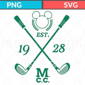 May include: Green golf clubs crossed with a Mickey Mouse head logo, laurel wreath, and the text "EST. 1928 M.C.C." in a vector graphic. The design is suitable for apparel, accessories, and other merchandise.