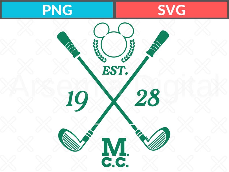 May include: Green golf clubs crossed with a Mickey Mouse head logo, laurel wreath, and the text "EST. 1928 M.C.C." in a vector graphic. The design is suitable for apparel, accessories, and other merchandise.