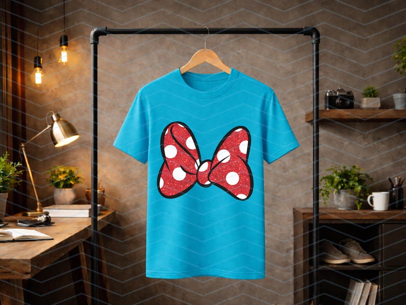 Puede incluir: Una camiseta turquesa con un gran lazo rojo con lunares blancos. El lazo tiene una textura brillante y un contorno negro. La camiseta est&aacute; colgada en una percha de madera sobre un fondo neutro.