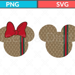 Puede incluir: Dos siluetas con forma de rat&oacute;n con un patr&oacute;n marr&oacute;n repetitivo y una franja vertical roja y verde. La silueta de la izquierda incluye un gran lazo rojo. La parte superior de la imagen muestra el texto PNG en azul y SVG en rojo.
