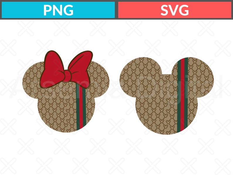 Puede incluir: Dos siluetas con forma de rat&oacute;n con un patr&oacute;n marr&oacute;n repetitivo y una franja vertical roja y verde. La silueta de la izquierda incluye un gran lazo rojo. La parte superior de la imagen muestra el texto PNG en azul y SVG en rojo.