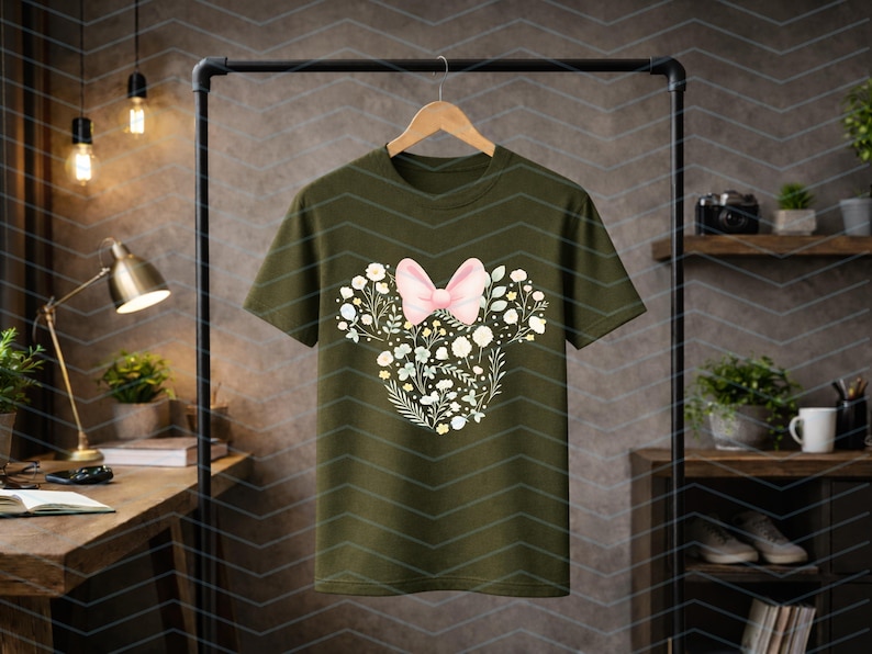 May include: Olive green t-shirt featuring a floral design in the shape of a mouse head with a pink bow. The design includes white and yellow flowers and green leaves. The t-shirt is hanging on a black clothing rack.