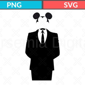 May include: A black and white graphic illustration featuring a silhouette of a suit jacket, a collared shirt, and a necktie, topped with a stylized mouse ear head shape. The image includes the text PNG and SVG in separate colored boxes.