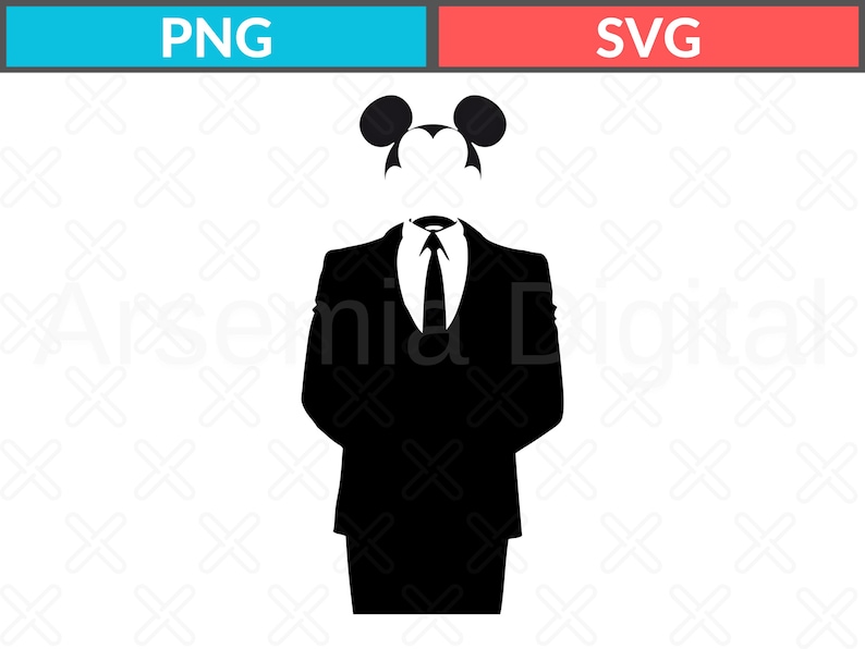 May include: A black and white graphic illustration featuring a silhouette of a suit jacket, a collared shirt, and a necktie, topped with a stylized mouse ear head shape. The image includes the text PNG and SVG in separate colored boxes.