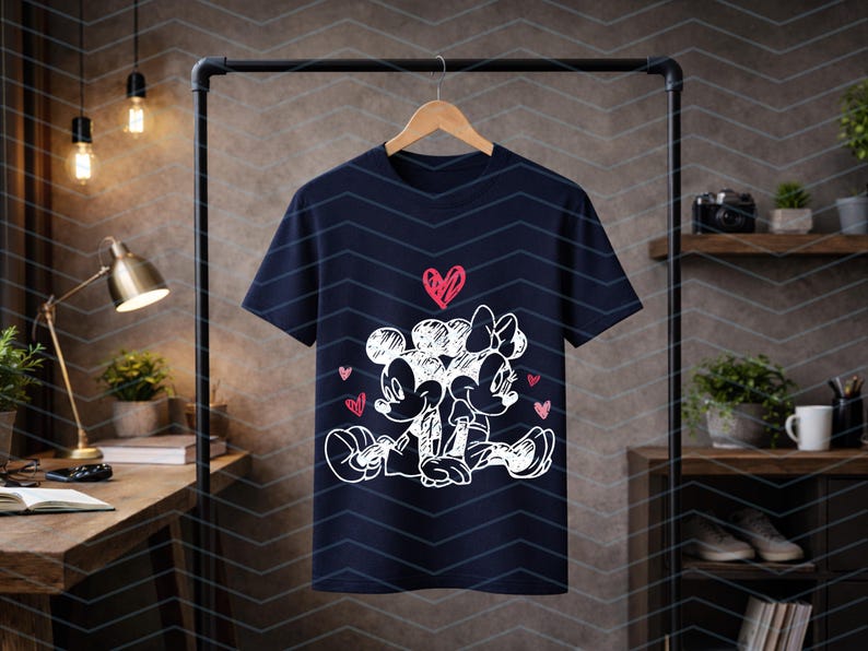 Peut inclure: T-shirt bleu marine avec un dessin au trait blanc de Mickey et Minnie Mouse, entour&eacute;s de coeurs roses. Le tee-shirt est pr&eacute;sent&eacute; sur un portant noir. Le design est de style dessin anim&eacute;.