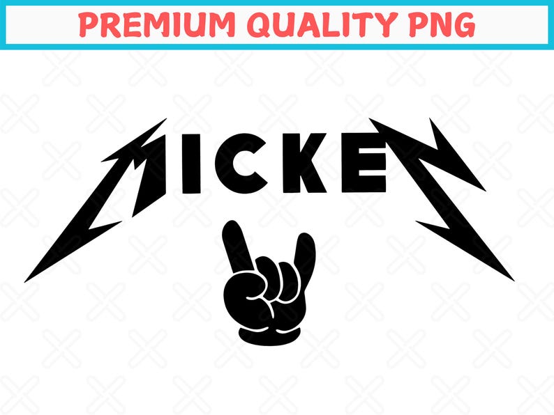May include: Black graphic design with the word "MICKE" in bold letters, flanked by stylized lightning bolts. Below the text is a black hand gesture forming the rock and roll sign. The text "PREMIUM QUALITY PNG" is at the top.