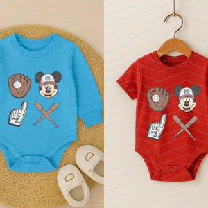 May include: Two baby onesies, one blue and one red, with a Mickey Mouse baseball theme. The onesies feature Mickey Mouse wearing a baseball cap, holding a baseball, and a baseball bat and ball.