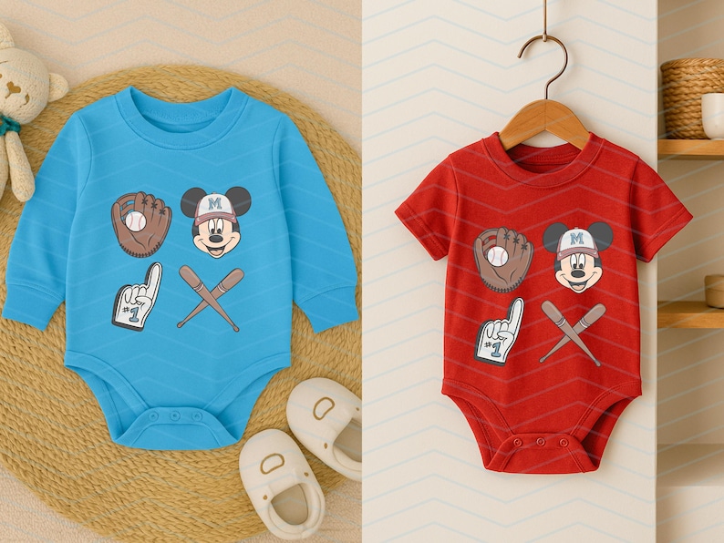 May include: Two baby onesies, one blue and one red, with a Mickey Mouse baseball theme. The onesies feature Mickey Mouse wearing a baseball cap, holding a baseball, and a baseball bat and ball.