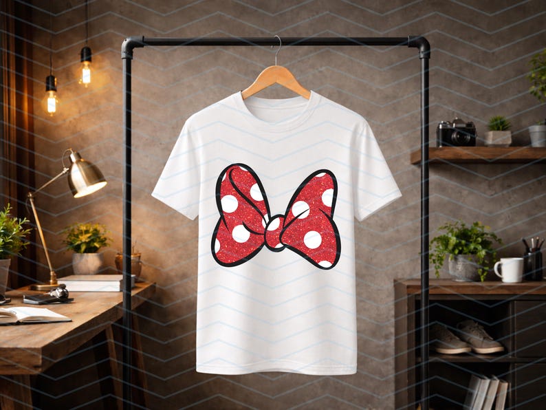Puede incluir: Camiseta blanca con un gran lazo rojo con lunares blancos. El lazo tiene una textura brillante y un contorno negro. La camiseta est&aacute; colgada en una percha de madera.