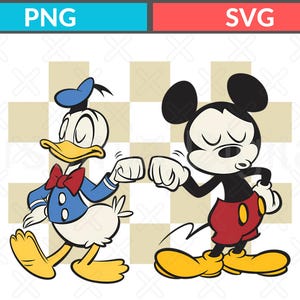 Puede incluir: Ilustración digital de Donald Duck y Mickey Mouse chocando los puños. Donald Duck viste un traje de marinero azul y sombrero con pajarita roja. Mickey Mouse lleva pantalones cortos rojos y zapatos amarillos. El fondo tiene un patrón de cuadros.