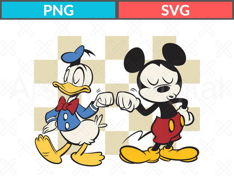 May include: A digital illustration featuring Donald Duck and Mickey Mouse bumping fists. Donald Duck is wearing a blue sailor suit and hat with a red bow tie. Mickey Mouse is in red shorts and yellow shoes. The background has a checkered pattern.