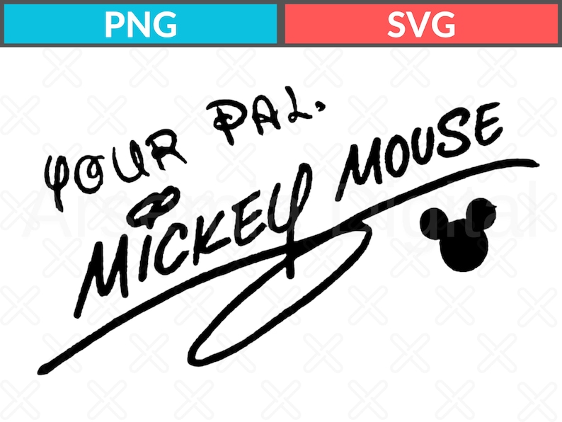 May include: A black graphic design on a white background featuring the handwritten text Your Pal, Mickey Mouse with a signature underline and a small black silhouette of the iconic Mickey Mouse head shape positioned to the right of the text.