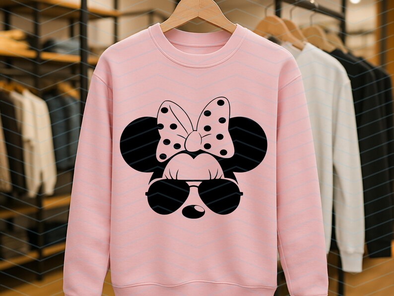 May include: A light pink sweatshirt featuring a black graphic of a cartoon mouse face with sunglasses and a polka-dot bow. The sweatshirt is hanging on a wooden hanger in a clothing store.
