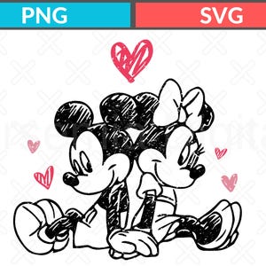 Peut inclure: Illustration en noir et blanc de Mickey et Minnie Mouse assis dos &agrave; dos, avec un c&oelig;ur rouge au-dessus et de petits c&oelig;urs roses &eacute;parpill&eacute;s. L'image est de style esquiss&eacute;, avec les mots "PNG" et "SVG" en haut.