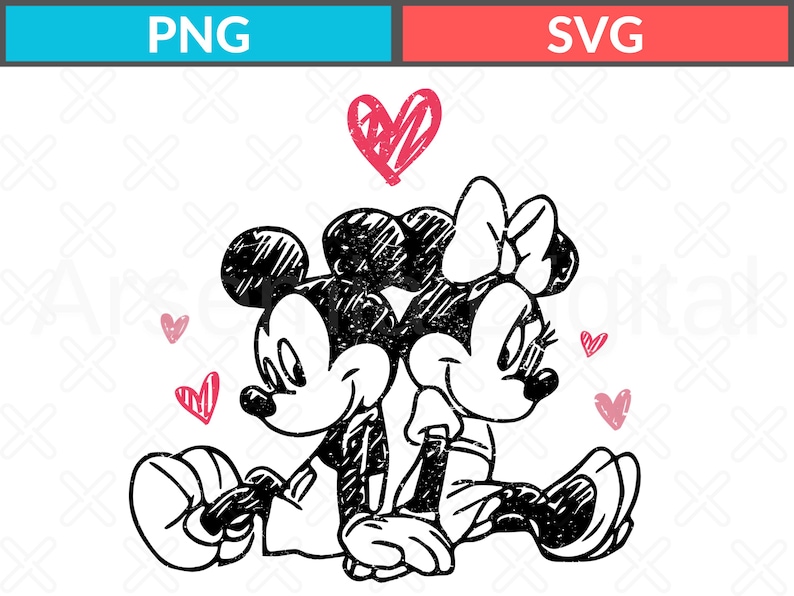 Peut inclure: Illustration en noir et blanc de Mickey et Minnie Mouse assis dos &agrave; dos, avec un c&oelig;ur rouge au-dessus et de petits c&oelig;urs roses &eacute;parpill&eacute;s. L'image est de style esquiss&eacute;, avec les mots "PNG" et "SVG" en haut.