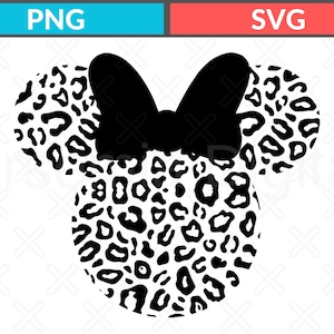 May include: A black and white leopard print Minnie Mouse head silhouette with a large black bow. The design features a classic mouse ear shape with a bold, spotted pattern, perfect for themed crafts and apparel.