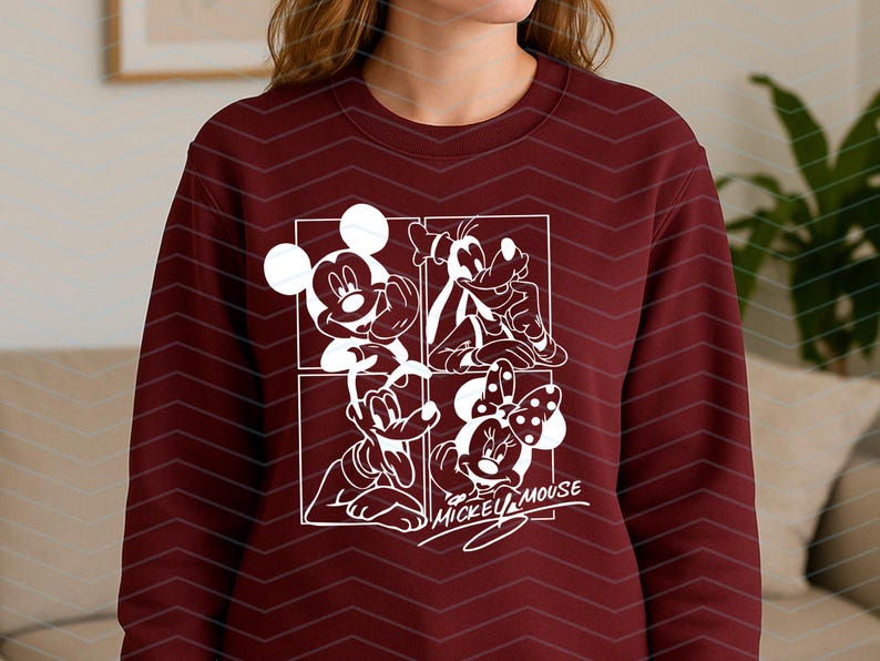 May include: A maroon crewneck sweatshirt featuring a white graphic print divided into four square panels. The design displays line art illustrations of Mickey Mouse, Goofy, Pluto, and Minnie Mouse, with the text Mickey Mouse written below.