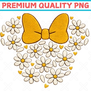 Puede incluir: Un gr&aacute;fico digital con un lazo amarillo y margaritas blancas con centros amarillos, dispuestas en forma de coraz&oacute;n. Peque&ntilde;os corazones amarillos est&aacute;n dispersos por el dise&ntilde;o. El texto "PREMIUM QUALITY PNG" est&aacute; en la parte superior.