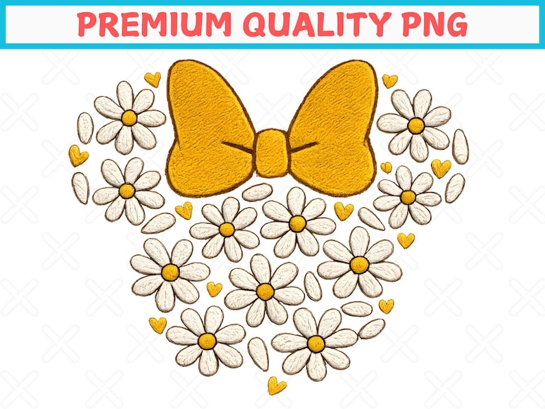 Puede incluir: Un gr&aacute;fico digital con un lazo amarillo y margaritas blancas con centros amarillos, dispuestas en forma de coraz&oacute;n. Peque&ntilde;os corazones amarillos est&aacute;n dispersos por el dise&ntilde;o. El texto "PREMIUM QUALITY PNG" est&aacute; en la parte superior.