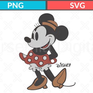 K&ouml;nnte beinhalten: Cartoon-Illustration von Minnie Mouse in einem roten Polka-Dot-Kleid, braunen Schuhen und einem passenden Hut. Das Bild hat die Texte "PNG" und "SVG" oben und das Wort "Disney" in Kursivschrift.