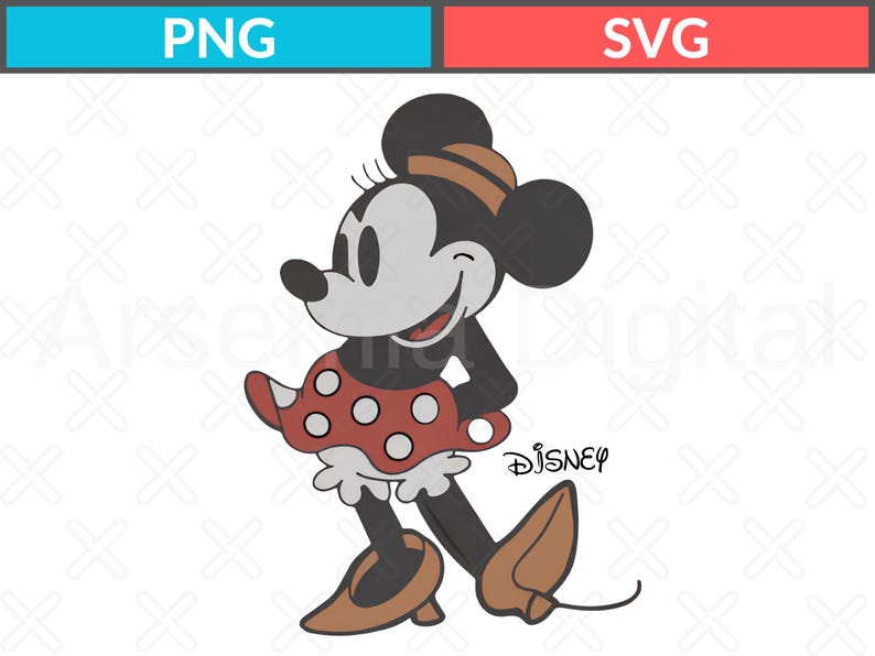 K&ouml;nnte beinhalten: Cartoon-Illustration von Minnie Mouse in einem roten Polka-Dot-Kleid, braunen Schuhen und einem passenden Hut. Das Bild hat die Texte "PNG" und "SVG" oben und das Wort "Disney" in Kursivschrift.