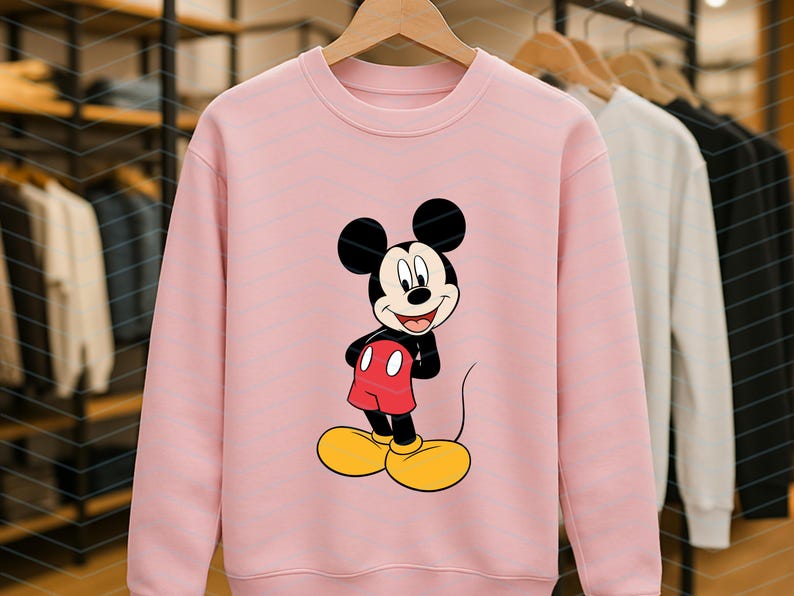 May include: A light pink crewneck sweatshirt featuring a centered graphic of Mickey Mouse. The character is depicted with his signature black ears, red shorts with two white buttons, and large yellow shoes, standing in a classic pose on the front.
