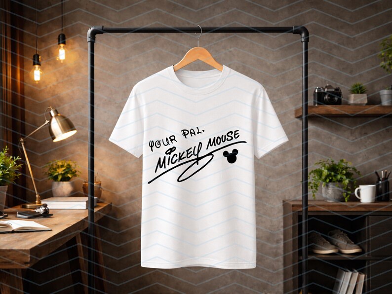 May include: A white short-sleeved t-shirt hanging on a wooden hanger. The front of the shirt features black text that reads Your Pal, Mickey Mouse, accompanied by a small black silhouette of the iconic Mickey Mouse ears icon.