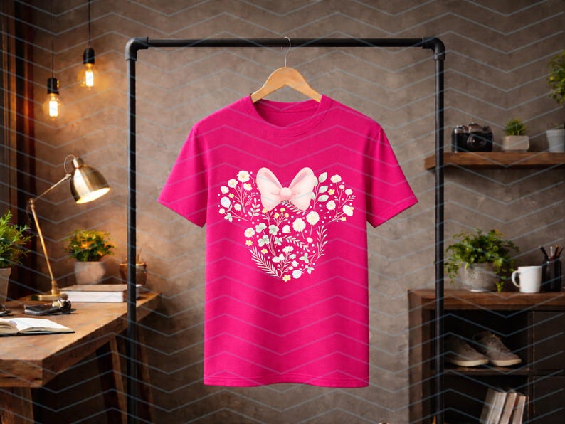 May include: A bright pink t-shirt featuring a floral Minnie Mouse design. The design includes a white bow and floral elements arranged in the shape of Minnie Mouse's head. The shirt is hanging on a wooden hanger.