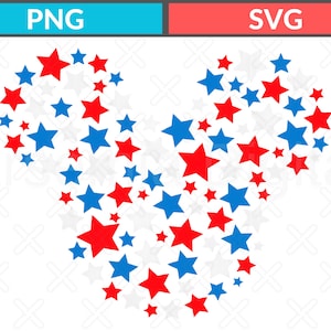 May include: A digital graphic design featuring a collection of red, blue, and white stars arranged to form a circular silhouette with two smaller circular shapes at the top. The text PNG appears in a blue box and SVG in a red box above the stars.