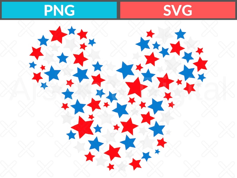 May include: A digital graphic design featuring a collection of red, blue, and white stars arranged to form a circular silhouette with two smaller circular shapes at the top. The text PNG appears in a blue box and SVG in a red box above the stars.