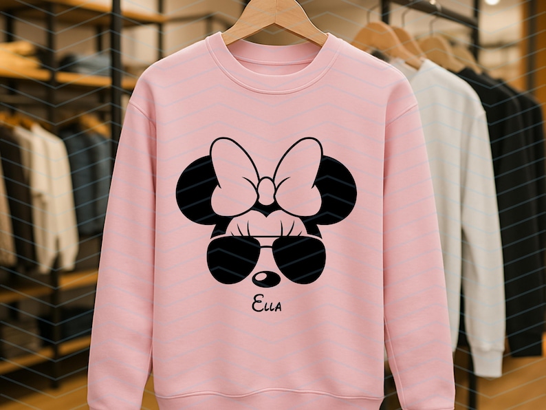 May include: A light pink sweatshirt featuring a black graphic of a cartoon mouse face with sunglasses and a bow. The name "Ella" is printed in black script below the graphic. Other sweatshirts are visible in the background.